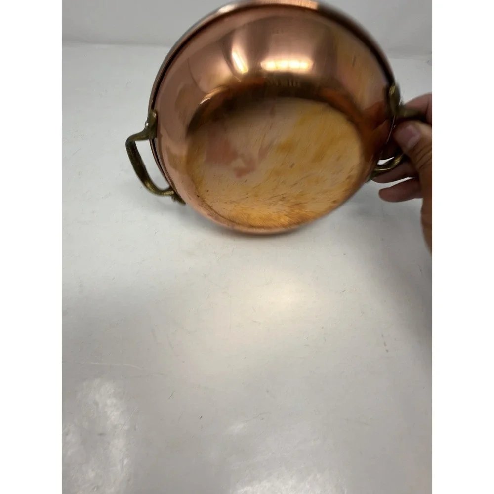 Vintage Copper Pan Brass Handles Stainless‎ Steel Lined Round Skillet Cookware